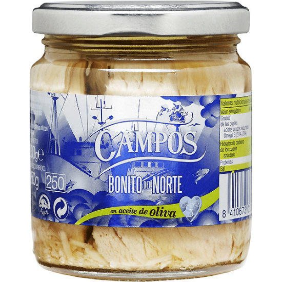 Foto de Bonito del Norte en Aceire Oliva. Tarro Cristal Campos 250 ml.